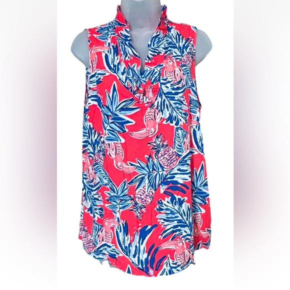 CROWN & IVY Women's Size M 100% Rayon Tank Top Ruffle V Neck Tropical Multicolor - Picture 9 of 9